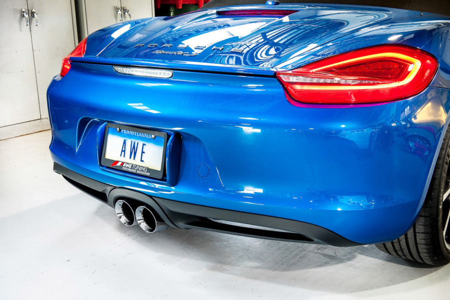 rear view of silver tips on awe exhaust upgrade for 981 boxster