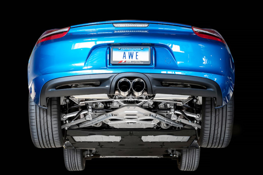rear view of silver tips on awe exhaust upgrade for 981 boxster