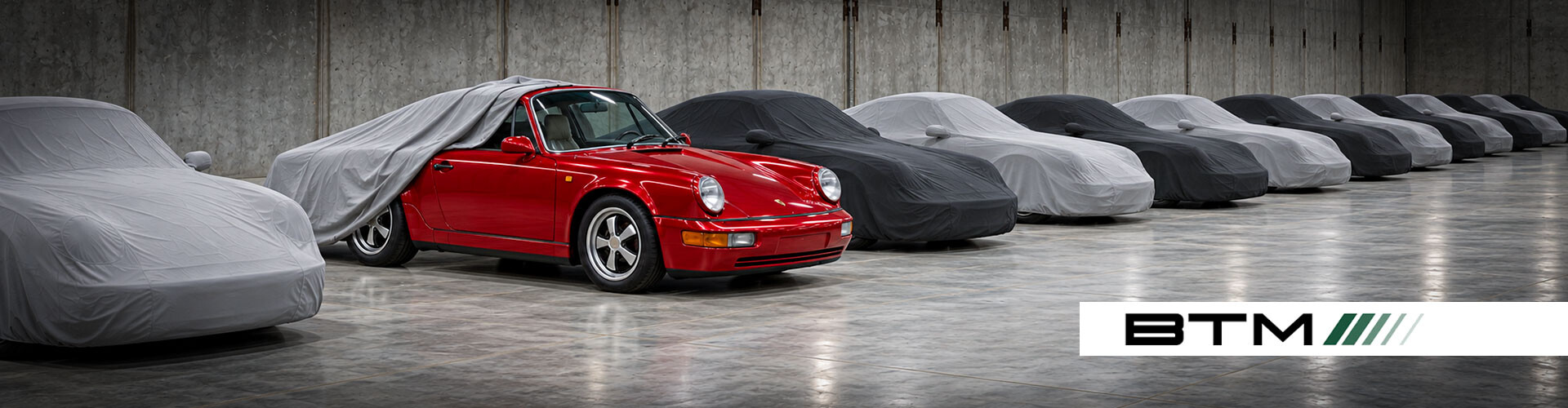 Classic air-cooled Porsches stored inside Blair Talbot Motors’ purpose-built facility in Dover, NH.