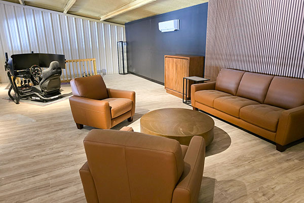 Customer waiting room at Green Hell Motorsports - Porsche specialist in Austin, TX.